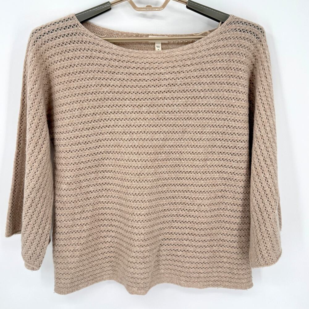 Garnet Hill 100% Cashmere Sweater Wide Neckline Boxy Open knit Tan Size Medium